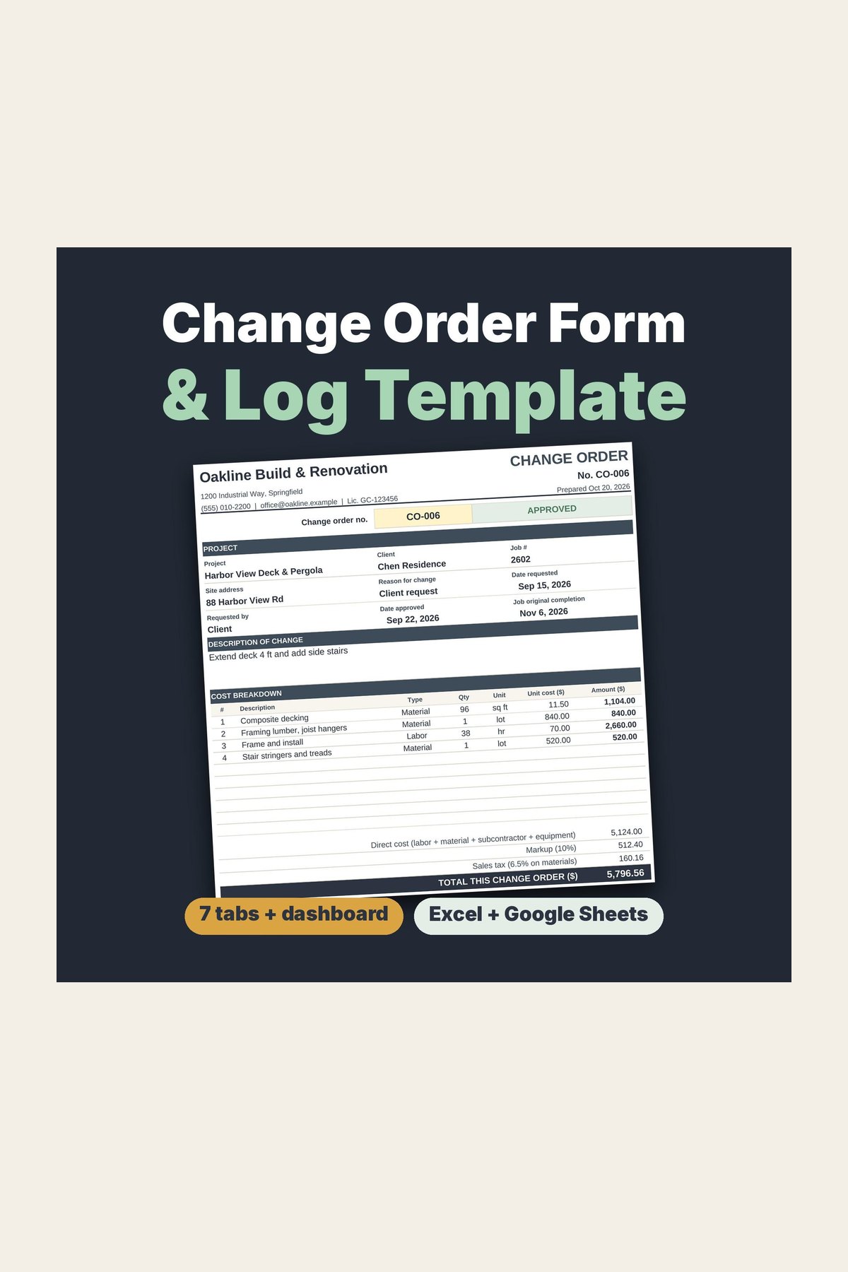 Construction change order form and log spreadsheet for contractors.