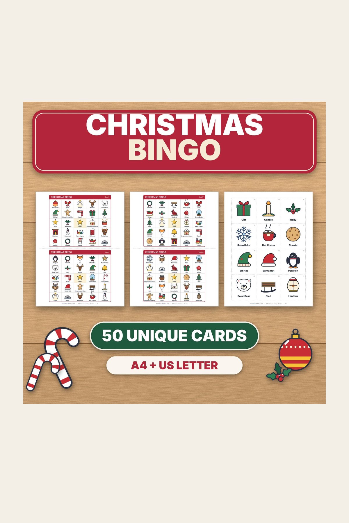 Christmas picture bingo printable with 50 unique cards and calling cards.