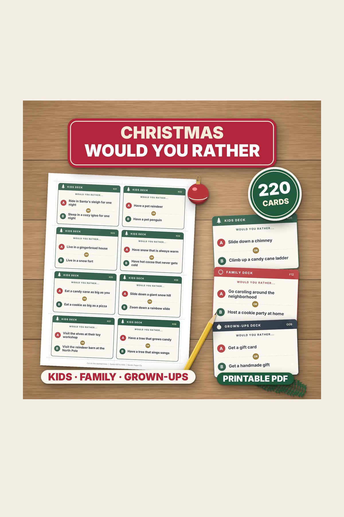 Christmas Would You Rather game printable cards for kids and adults.