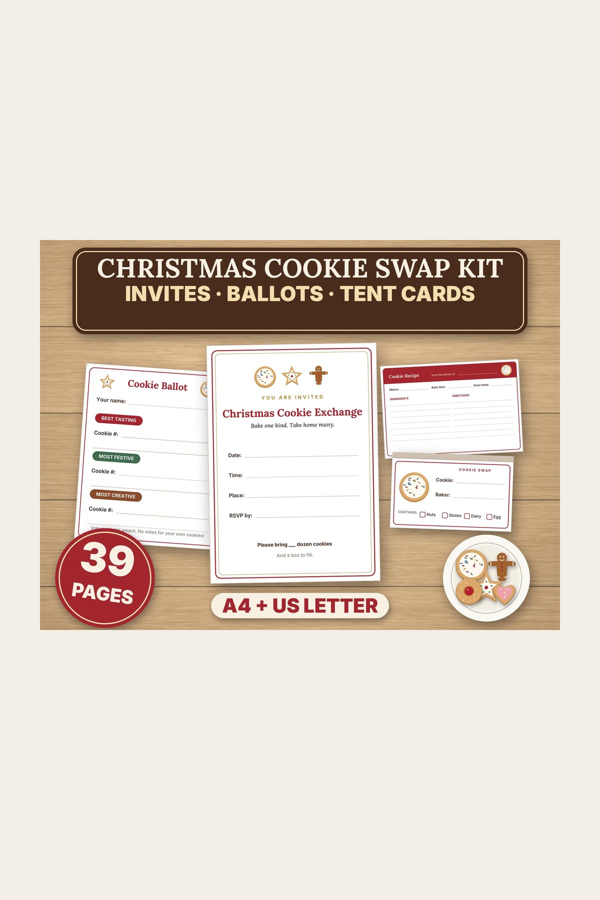 Christmas cookie exchange kit printable with invitations, tent cards and ballots.