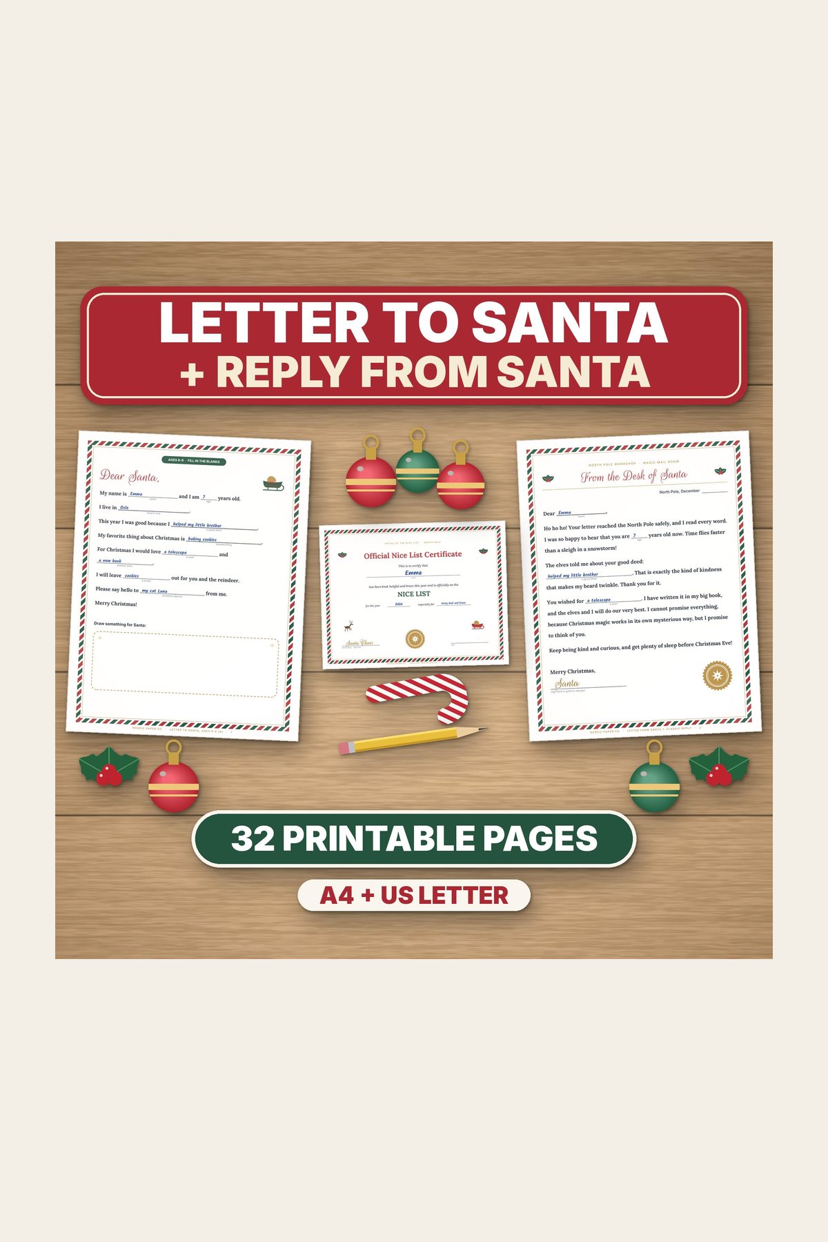 Letter to Santa kit printable with Santa reply letter and Nice List certificate.